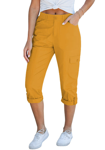 Golden Rod Women's High Wasited Cargo Pants Cuffed Hem Elastic Waist Capri Pants With Pockets