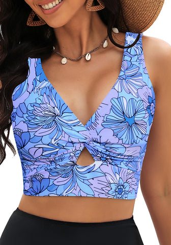 Blue Floral Women's Beach Bikini Top Swimsuit Cover Up Floral Printed Wide Adjustable Strap-Tops