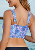 Blue Floral Women's Beach Bikini Top Swimsuit Cover Up Floral Printed Wide Adjustable Strap-Tops