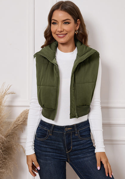 Army Green Sleeveless Zip Up High Neck Mini Quilted Jacket Tops Puffer Vest Y2K