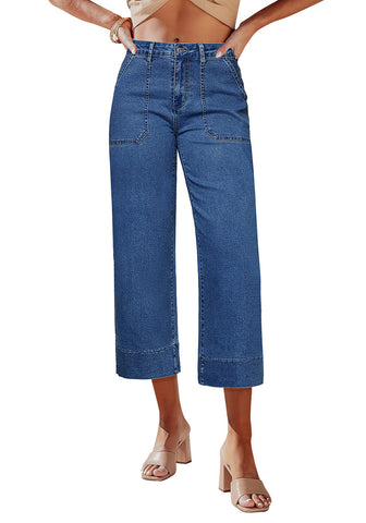 Medium Blue Women's Cropped High Rise Denim Pull On Retro Wide Leg Jeans