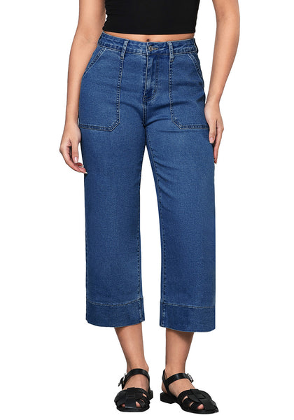 Medium Blue Women's Cropped High Rise Denim Pull On Retro Wide Leg Jeans