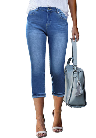 Classic Blue Women's High Waisted Straight Leg Denim Jeans Pockets Casual Capri Pants