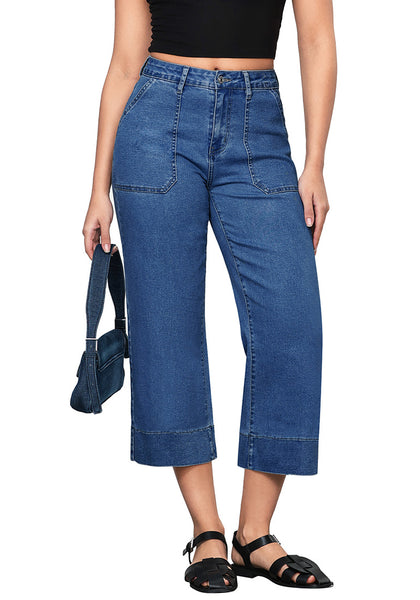 Medium Blue Women's Cropped High Rise Denim Pull On Retro Wide Leg Jeans