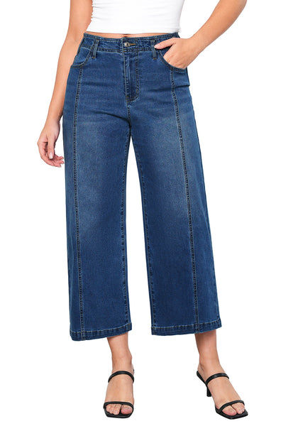 Classic Blue Women's High Waisted Wide Leg Denim Cropped Jean Pants for Curvy