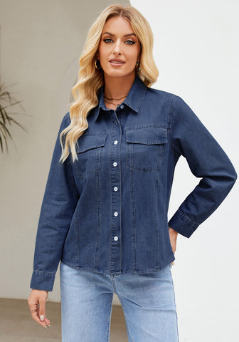 Indigo Dark Blue Women's Long Sleeve Shirt Button Front Western-inspired Urban Streetwear Denim Blouse Top