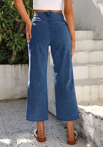 Darkness Blue Women's High Waist Denim Wide Legs Jeans Pants With Front pockets