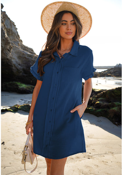 Navy Blue Women's Beach Cover Up Dress Button Down Shirt Ruffle Sleeves Dresses Casual Summer With Pockets