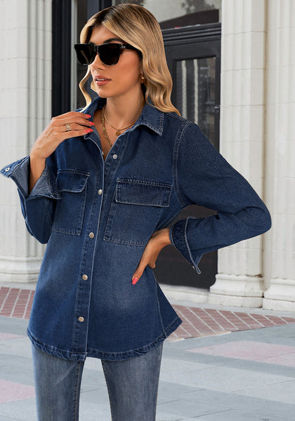 Nightfall Blue Women's Brief Oversized Denim Button Down Long Sleeve  Pocket Jacket