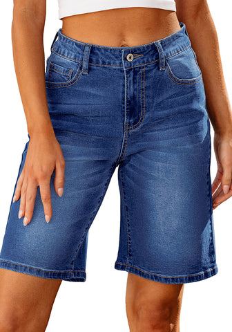 Nightfall Blue Relaxed Fit High Waisted Denim Bermuda Shorts Straight Leg Jeans