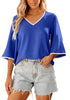 Royal Blue Women's 3/4 Sleeve Bell Blouse Color Block Flowy Business Casual Work Tops