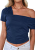 Dark Blue Women's Crop Short Sleeve Summer Tops One Shoulder Off Sholder Tops