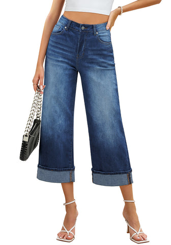 Women's High Waisted Wide Leg Denim Jeans Cuffed Hem Baggy Pockets Capri Pants