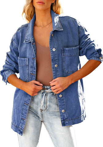 Classic Blue Women's Denim Button Down Shacket Long Sleeve Trendy Slit Hem  Jean Coat with Pocket