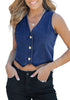 Dark Blue Women's Cropped Jeans Vest Denim Top Button Down Casual Sleeveless Jacket