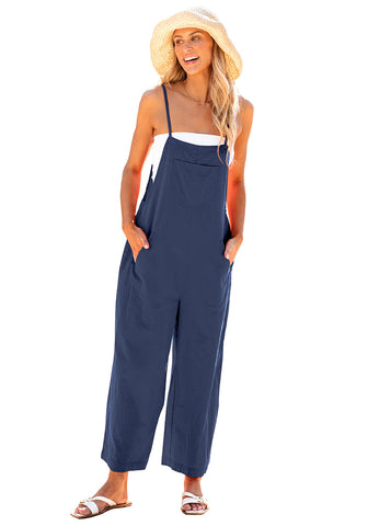 Dark Blue Women's Casual Cotton Sleeveless Jumpsuit Adjustable Strap One-Piece Overalls