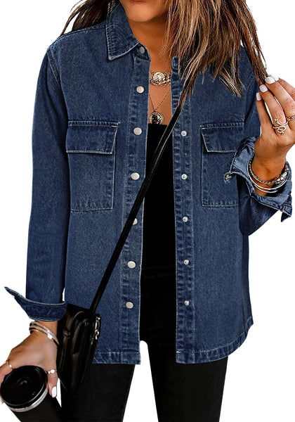 Nightfall Blue Women's Brief Oversized Denim Button Down Long Sleeve  Pocket Jacket