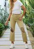 Olive Green Women's Crop Destroyed Flare High Waisted Denim Jeans Stretch Regular Fit