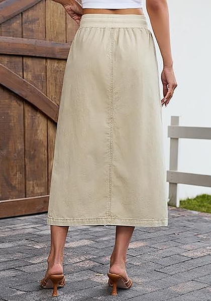 LookbookStore Women Sand High Waist Jean Midi Skirt Elastic Drawstring Denim Long Skirt with Pockets Front Split Design