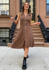 LookbookStore Women's Coffee Brown Summer Beach Vacation Linen Dress Casual Flowy V Neck Sleeveless Smocked Zip Midi Dress with Pockets