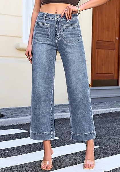 LookbookStore Women's Ocean Blue Cropped Wide Leg Jeans High Waisted Baggy Straight Stretch Denim Pants With Patch Pockets