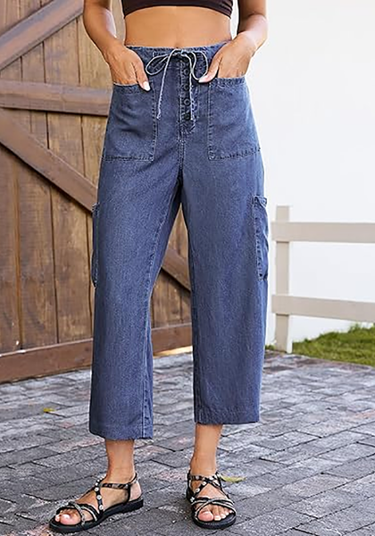 LookbookStore Women's Nightfall Blue Trendy Barrel Jeans, High Rise Wide Leg Baggy Denim Pants with Elastic Drawstring Waist & Button Fly