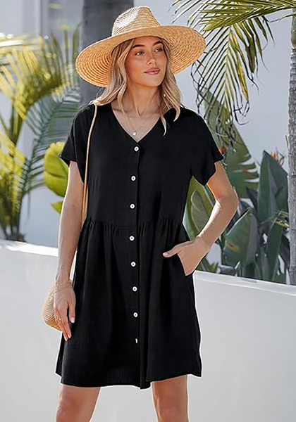 LookbookStore Women's Black Summer Casual Linen Babydoll Dress V Neck Short Sleeve Button Down Above Knee with Pockets