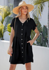 LookbookStore Women's Black Summer Casual Linen Babydoll Dress V Neck Short Sleeve Button Down Above Knee with Pockets
