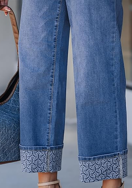 LookbookStore Women's Arrow Turquoise Blue High Waisted Cropped Wide Leg Jeans Trendy Printed Fold Hem Loose Straight Stretchy Denim Pants