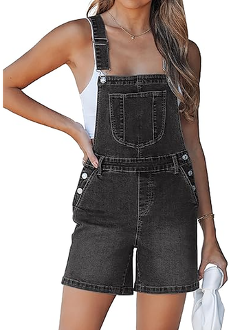 LookbookStore Women's Washed Black Loose Fit Denim Bib Overalls Baggy Stretchy Shortalls Summer Casual Adjustable
