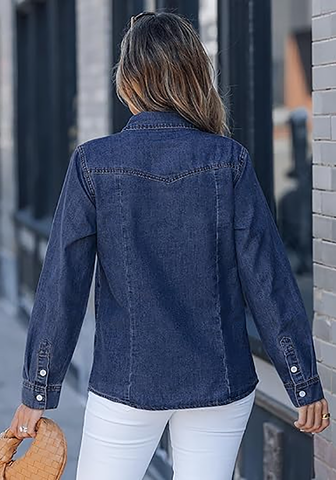 LookbookStore Women's Indigo Dark Blue Long Sleeve Button Down Denim Shirt Relaxed Fit Chambray Western Style Casual Collared Jean Top
