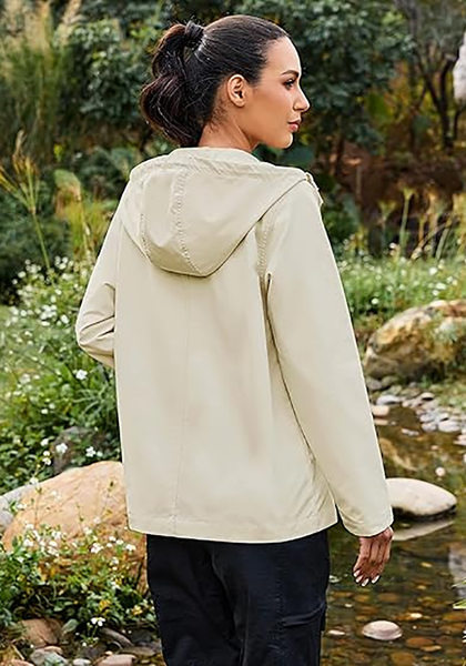 LookbookStore Women's Beige Waterproof Lightweight Rain Jacket, Adjustable Hood Windbreaker Rain Coat for Hiking & Travel