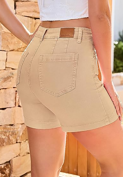 LookbookStore Women's Khaki Sand High Waist Stretchy Denim Shorts, 5 Inch Inseam Trendy Summer Casual Jean Jorts with Pockets