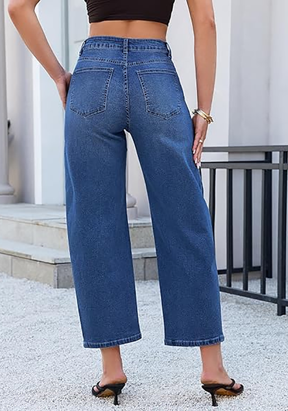 LookbookStore Women's Classic Blue High Waisted Baggy Barrel Jeans Cropped Wide Leg Casual Stretchy Denim Pants with Side Seam