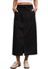 LookbookStore Women True Black High Waist Jean Midi Skirt Elastic Drawstring Denim Long Skirt with Pockets Front Split Design