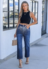 LookbookStore Darkness Blue Women High Waisted Rhinestone Embellished Wide Leg Cropped Denim Jeans Casual Wear Staple