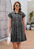 LookbookStore Washed Black Women's Short Sleeve Babydoll Denim Dress – Pleated Raw Hem Distressed Western Style with Pockets