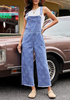 LookbookStore Women's Floral Medium Blue Embroidered Denim Overalls, Loose Fit Wide Leg Capri Bib Overall, Stretchy Raw Hem Summer Jean Jumpsuit