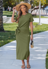 LookbookStore Women's Army Green Summer Casual Long Tshirt Dress Short Sleeve Self Tie Side Split Beach Vacation Dress 2026