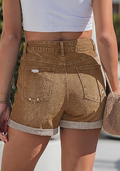 LookbookStore Women Golden Brown High Waist Jean Shorts 2026 Trend Cuffed Hem Ripped Stretch Casual Summer Denim Jorts