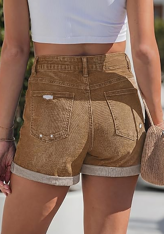 LookbookStore Women Golden Brown High Waist Jean Shorts 2026 Trend Cuffed Hem Ripped Stretch Casual Summer Denim Jorts