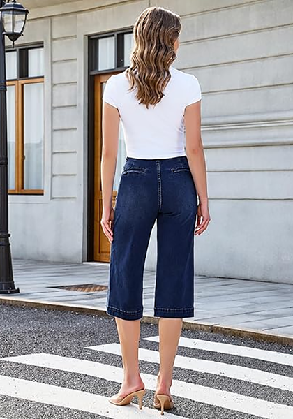 LookbookStore Women's Darkness Blue High Waisted Wide Leg Capri Pants Stretchy Denim Jeans Side Seam Design Casual Summer Trendy Style
