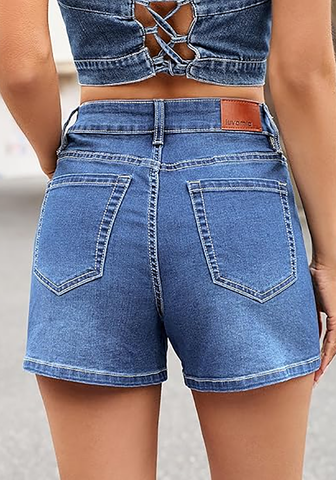 LookbookStore Women Medium Blue High Waist Eyelet Embroidered Wide Leg Denim Shorts Stretchy Summer Mid Thigh Jean Shorts