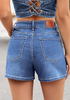 LookbookStore Women Medium Blue High Waist Eyelet Embroidered Wide Leg Denim Shorts Stretchy Summer Mid Thigh Jean Shorts