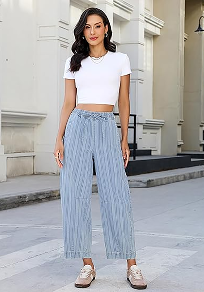 LookbookStore Women's Airy Blue Stripe Cropped Barrel Jeans High Waist Elastic Pull On Wide Leg Casual Stretch Denim Pants