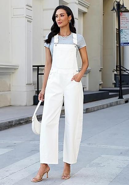LookbookStore Women's Cream White Denim Overalls Baggy Barrel Leg Stretchy Bib Jumpsuit Adjustable Straps Casual Fit