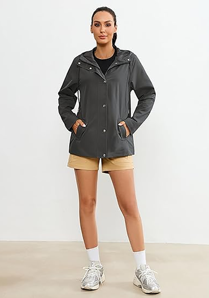 LookbookStore Women's Dark Gray Waterproof Lightweight Rain Jacket, Adjustable Hood Windbreaker Rain Coat for Hiking & Travel