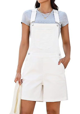 LookbookStore Women's Cream White Loose Fit Denim Bib Overalls Baggy Stretchy Shortalls Summer Casual Adjustable