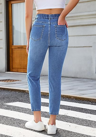 LookbookStore Medium Blue Cropped Straight Leg Jeans for Women High Waisted Slim Fit Denim Pants with Pockets