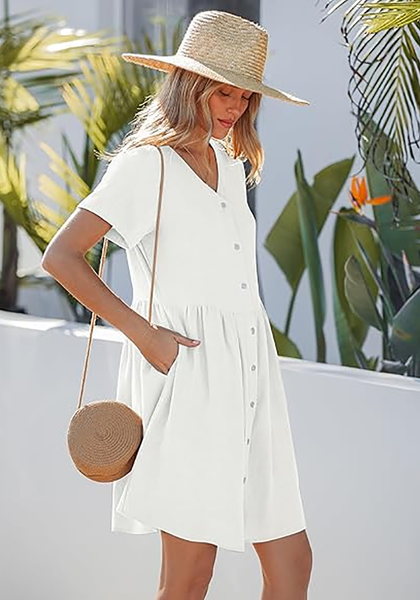 LookbookStore Women's White Summer Casual Linen Babydoll Dress V Neck Short Sleeve Button Down Above Knee with Pockets